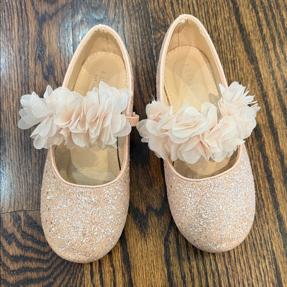 Kailee P Girl 13T Rock Glitter Mary Jane Flats with Chiffon Flowers in Dust Pink